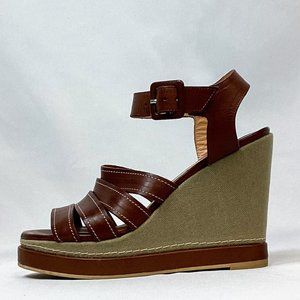 Robert Clergerie Pakitat Wedge Brown Tabac Vegan Leather Canvas Sandal Sz 6.5